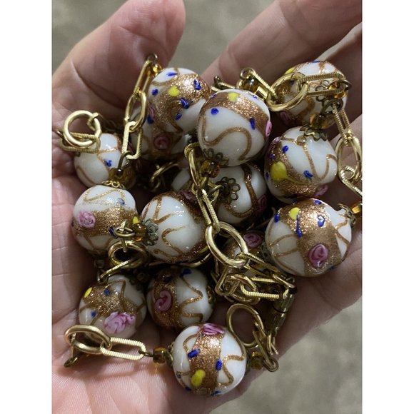 Vintage Venetian? Glass Wedding Cake Lamp Work Beaded Necklace White Pink Gold - Picture 13 of 13